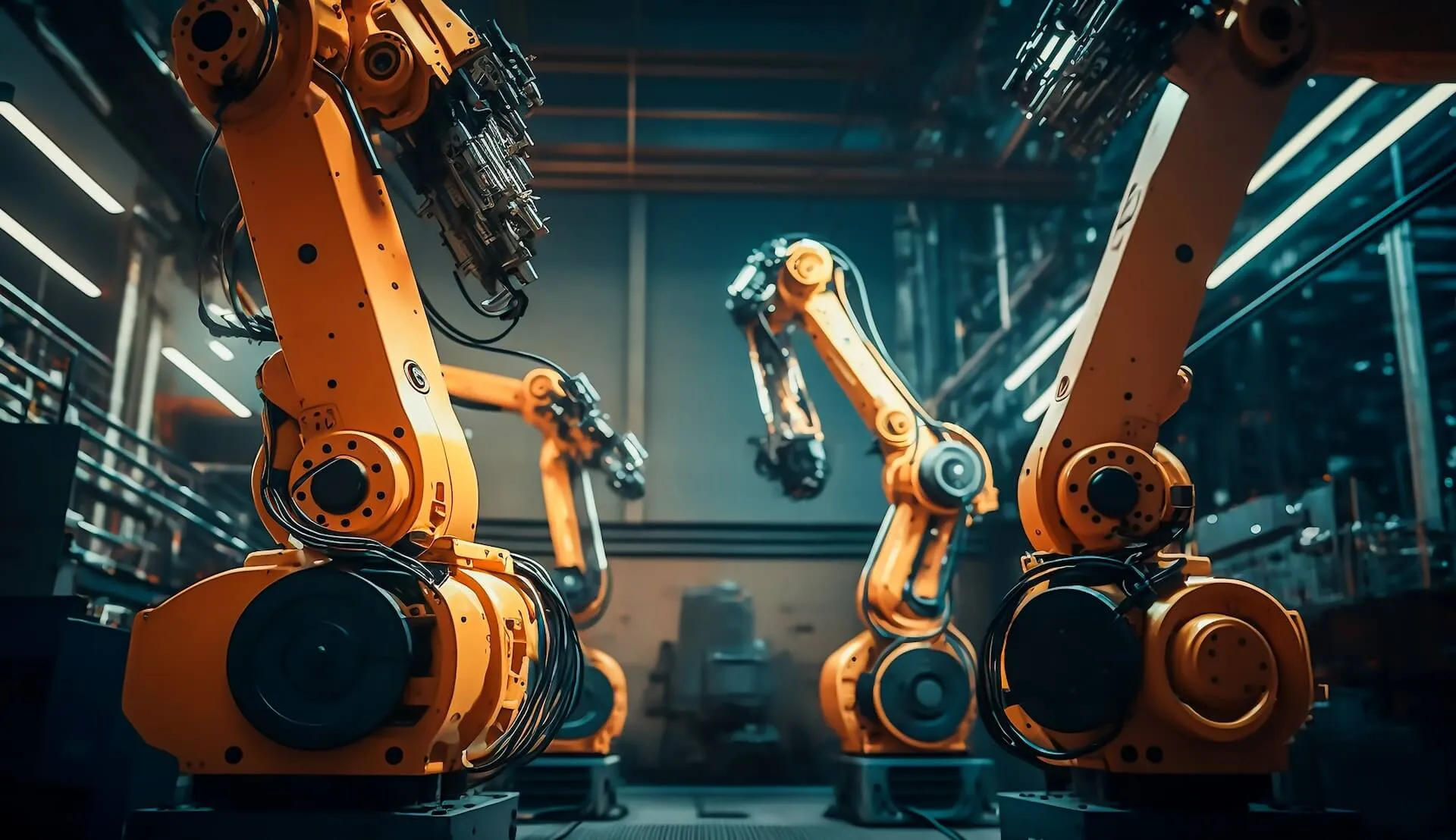 Roboty przemysłowe pracujące przy linii produkcyjnej